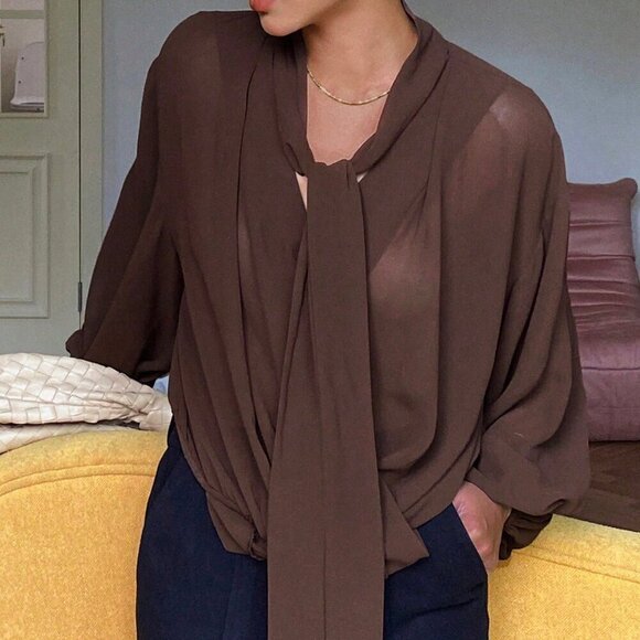 Brown Casual Women's Loose Long Sleeve Tie Shirt Blouse - Picture 8 of 10